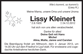 Traueranzeige von Lissy Kleinert von Pegnitz-Zeitung